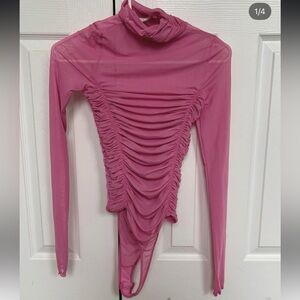 Free People Rose Pink Ruched Long Sleeve Turtleneck Bodysuit